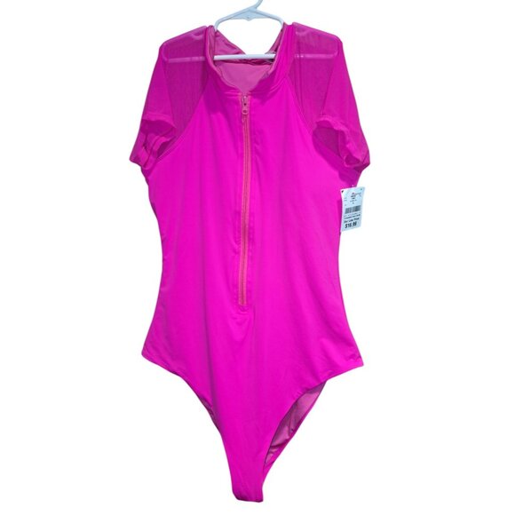 TiNiBiKiNi Hot Bubblegum One-Piece Swimsuit XL Neon Pink Zip-Front NWT Modest - Picture 1 of 7